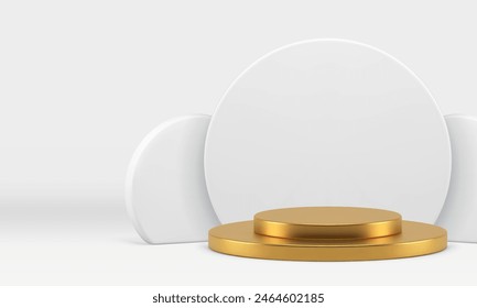 3d golden podium pedestal with white round wall background realistic vector illustration. Luxury geometric display for product show commercial presentation neutral light showroom interior