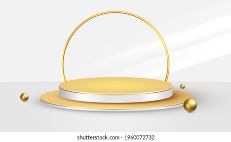 3d podio dorado o escenario con un foco en un fondo blanco, el primer lugar, fama y popularidad. Ilustración vectorial para la presentación del producto, escaparate, promoción, venta.