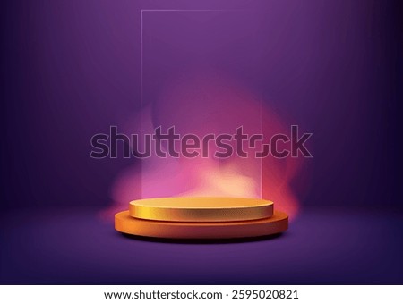 3d golden podium with two tiers stands against a purple backdrop, framed by translucent panels and pink smoke, product display, mockups, and luxury showroom presentations