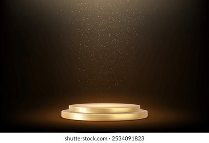 Podio dorado 3d bajo el brillo dorado que cae aislado en el fondo oscuro. Renderización 3D. Ilustración vectorial