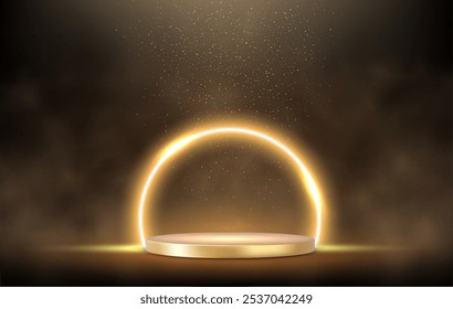 Podio dorado 3d bajo el brillo dorado que cae aislado en el fondo oscuro. Círculo dorado de neón brillante con destellos. Decoración de arte de anillo mínimo vacío. Renderización 3D. Ilustración vectorial