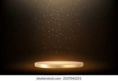 Podio dorado 3d bajo el brillo dorado que cae aislado en el fondo oscuro. Renderización 3D. Ilustración vectorial