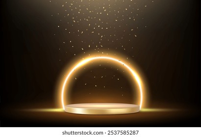 Podio dorado 3d bajo el brillo dorado que cae aislado en el fondo oscuro. Círculo dorado de neón brillante con destellos. Decoración de arte de anillo mínimo vacío. Renderización 3D. Ilustración vectorial