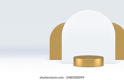 3d golden podium with white semi circle wall background showroom mock up realistic vector illustration. Luxury elegant cylinder pedestal empty advertising showcase for shopping sale product show