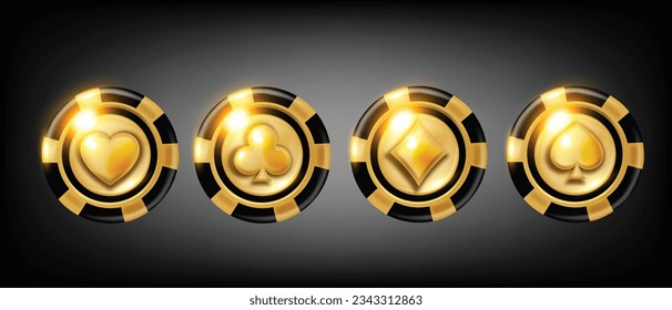 chips de póquer dorado 3D, juego de insignias de moneda de casino, ranura VIP vectorial roulette brillante kit de ícono de apuesta. Premio real de dinero del juego, símbolo de éxito del juego de Las Vegas, juego de medallas de suerte brillante. Diseño de chips de oro