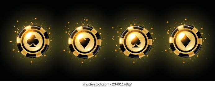 Juego de fichas de póquer dorado 3D, insignia de moneda del casino, portador de ranuras VIP ruleta brillante kit de ícono de apuesta. Premio real de dinero del juego, símbolo de éxito del juego de Las Vegas, juego de medallas de suerte brillante. Diseño de chips de oro