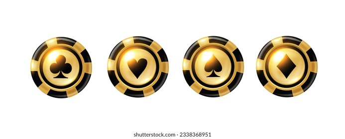 3D golden poker chips, vector casino coin badge, VIP slots roulette bet icon, blackjack club element. Royal game money award, Vegas gambling success symbol, shiny lucky medal set. Golden chips design