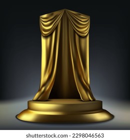 3D Golden Product Podium Display With Golden Fabric Curtain. EPS10 Vector