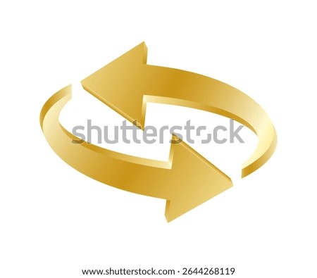 3D golden reboot icon. Two golden arrows in a circle. Vector illustration
