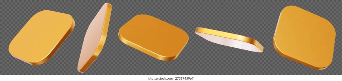3d golden rectangle disk with rounded angles, podium or shape element with different angles. Gold square figure. Metal neon abstract element. Stock vector illustration on isolated background.
