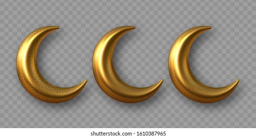 3d golden reflective crescent moons with arabesque pattern. Decorative vector elements for Muslim holidays. Isolated on transparent background.