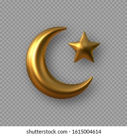 3d golden reflective crescent moons with star. Decorative vector elements for Muslim holidays. Isolated on transparent background.