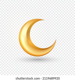 3D golden reflective crescent moons isolated on transparent background. Islamic decorative vector elements for Muslim holidays