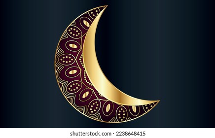 3d golden reflective crescent moons with hanging stars and confetti. Decorative vector elements for Muslim holidays. Isolated on transparent background.
