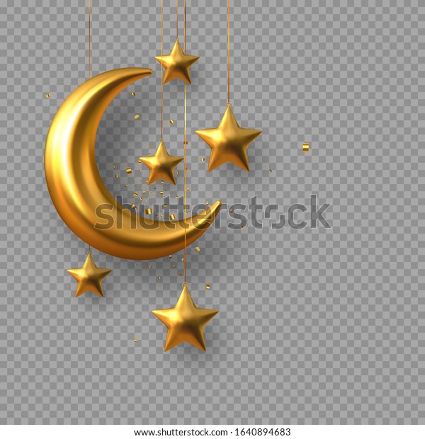 3d golden reflective crescent\
moons with hanging stars and confetti. Decorative vector elements\
for Muslim holidays. Isolated on transparent\
background.
