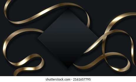 3D golden ribbon curly shape elements with black square badge on dark background luxury style. Vector illustration