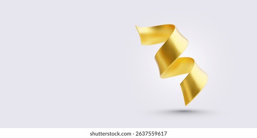 3D Golden Ribbon Twisting in Air on Light Background. Elegant Decorative Element for Luxury Design, Celebration Graphics, or Holiday Visuals. Vector Illustration.