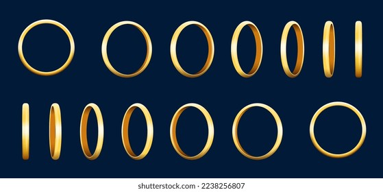 3d golden ring rotate animation, animated game sprite. Gold cartoon vector turning circles ui sequence frame, gui design elements. Yellow glossy assets for user interface, isolated bonus or jewelry