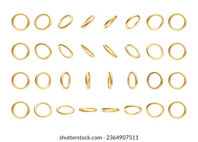 3d golden rings, accessories from different sides set. Round shaped shiny metallic objects, decorative design elements realistic vector illustration on white background