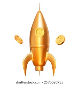 3D golden rocket with flying Bitcoins. Cartoon style. Stock vector illustration on white isolated background.