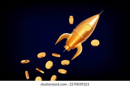 3D golden rocket with flying Bitcoins. Cartoon style. Stock vector illustration on dark blue isolated background	