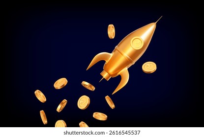 3D golden rocket with flying Indian rupee. Cartoon style. Stock vector illustration on dark blue isolated background	
