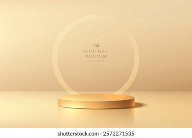 3D golden round podium background with circle frame backdrop. Abstract geometric composition in minimalist design. Studio display showroom product pedestal, Fashion stage showcase mockup wall scene.