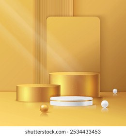 3D goldene runde Podium gesetzt Hintergrund mit Licht und Schatten. Abstrakte geometrische Komposition in minimalistischem Design. 3D-Studio-Display-Showroom-Produkt-Sockel, Mode-Bühne Showcase-Mockup-Szene.