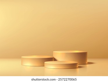 3D golden round podium set background in luxury style. Abstract geometric composition in minimalist design. 3D studio display showroom product pedestal, Fashion stage showcase mockup wall scene.