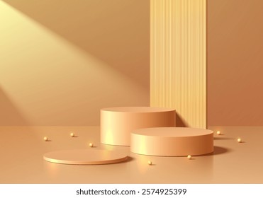 3D golden round podium set background with ball beads and partition. Abstract geometric composition in minimalist design. Studio display showroom product pedestal, Fashion stage showcase mockup scene.