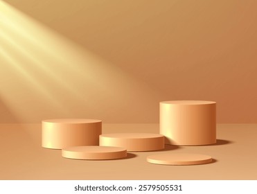 3D golden round podium set background with light and shadow. Abstract geometric composition in minimalist design. Studio display showroom product pedestal, Luxury fashion stage showcase mockup scene.