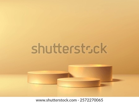 3D golden round podium set background in luxury style. Abstract geometric composition in minimalist design. 3D studio display showroom product pedestal, Fashion stage showcase mockup wall scene.