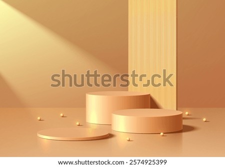 3D golden round podium set background with ball beads and partition. Abstract geometric composition in minimalist design. Studio display showroom product pedestal, Fashion stage showcase mockup scene.