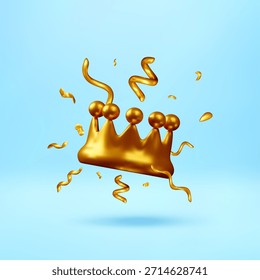 3D Golden royal crown with falling glitter and serpentine on a blue background. Award or prize concept for celebration and success. Vector illustration