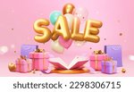 3D golden with SALE text balloons popping up from surprise box on a podium surrounded by wrapped gift boxes, shopping bags, and confetti