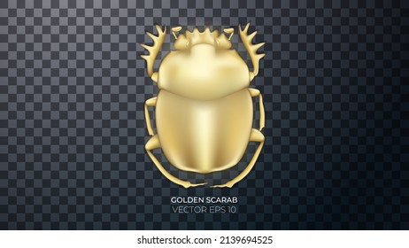 Escarabajo dorado con resaltados y reflexiones. Joyería dorada en forma de insecto, elemento decorativo Ilustración fotorrealista vectorial aislada sobre fondo transparente.