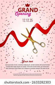 3D Golden Scissors Cut Ribbon. Grand Opening Ceremony Template. EPS10 Vector