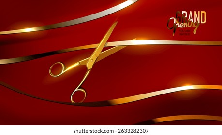 3D Golden Scissors Cut Ribbon. Grand Opening Ceremony Template. EPS10 Vector