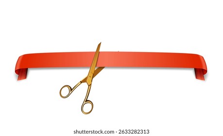 3D Golden Scissors Cut Ribbon. Grand Opening Ceremony Template. EPS10 Vector