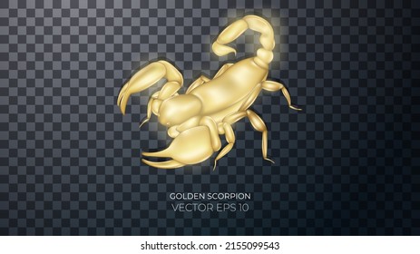 3d escorpión dorado con resaltados y reflexiones. Joyería dorada en forma de insecto, elemento decorativo Ilustración fotorrealista vectorial aislada sobre fondo transparente.