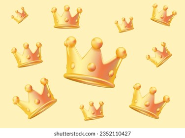 3D golden seamless pattern in 3D style with a gold crown. Can be used for premium royal party. Fun pattern background, wedding invitations, decoration, cards, textile, wrapping paper