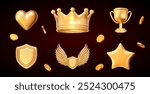 3d golden set of heart, crown, trophy cup, shield, wings, star, coin. Stock vector illustration on black isolated background.