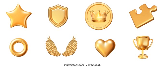 3d conjunto de oro de corazón, corona, copa de trofeo, escudo, alas, estrella, rompecabezas, moneda, toro. Ilustración vectorial de stock sobre fondo aislado.