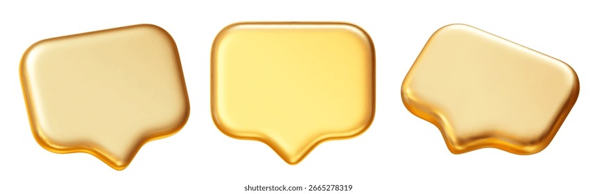 Burbujas de discurso de conjunto dorado 3D con diferentes ángulos. Ilustración vectorial de stock sobre fondo aislado.