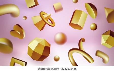 3d golden shapes, geometric elements. Abstract gold donut, spiral and cone, yellow metal render objects, futuristic memphis gradient. Background with figures. Vector isolated exact concept
