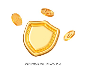 3d golden shield with flying coins with dollar currency sign. Concept of secure protection. Stock vector illustration on isolated background.