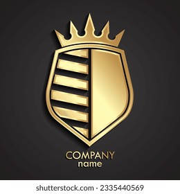 3d golden shield logo with crown and stripes