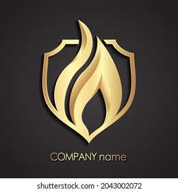 3d golden shield with shiny fire flame logo design