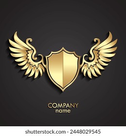 3D goldenes Schild mit Flügeln, Vektorillustration Logo Design