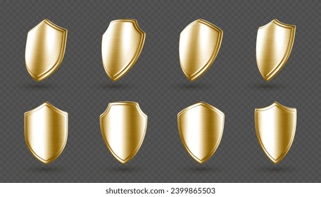 3D golden shields set isolated on transparent background. Protection and security icons.  Concept of secure protection. Vector 3d Illustration